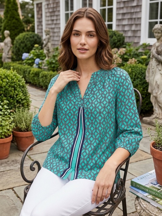 crown & ivy Tops - crown & ivy Core Peasant Teal Geometric Split-Front Blouse with Stripe Placket